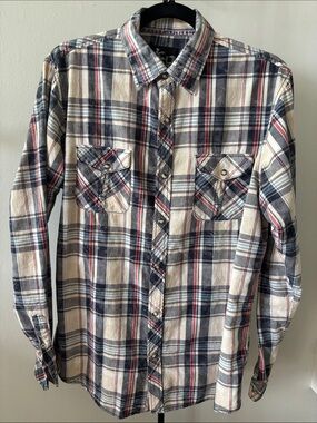 Age of Wisdom Plaid Button-Down Shirt in Blues, Cream & Red - Men’s Medium